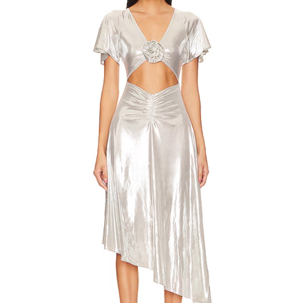 Asymmetrical Cutout Foil Dress in Silver